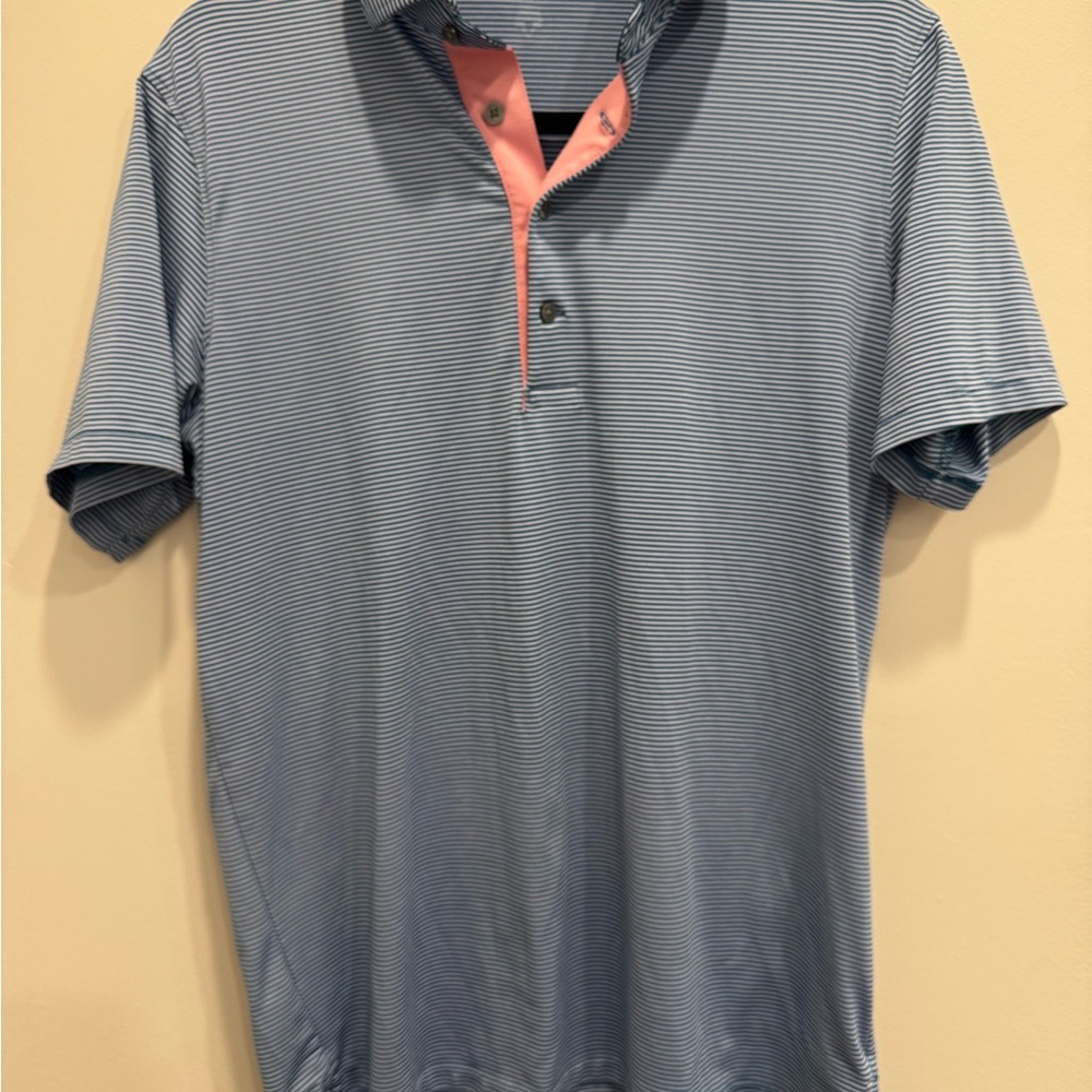 Greyson Light Blue Micro-Striped Polo with Pink Placket